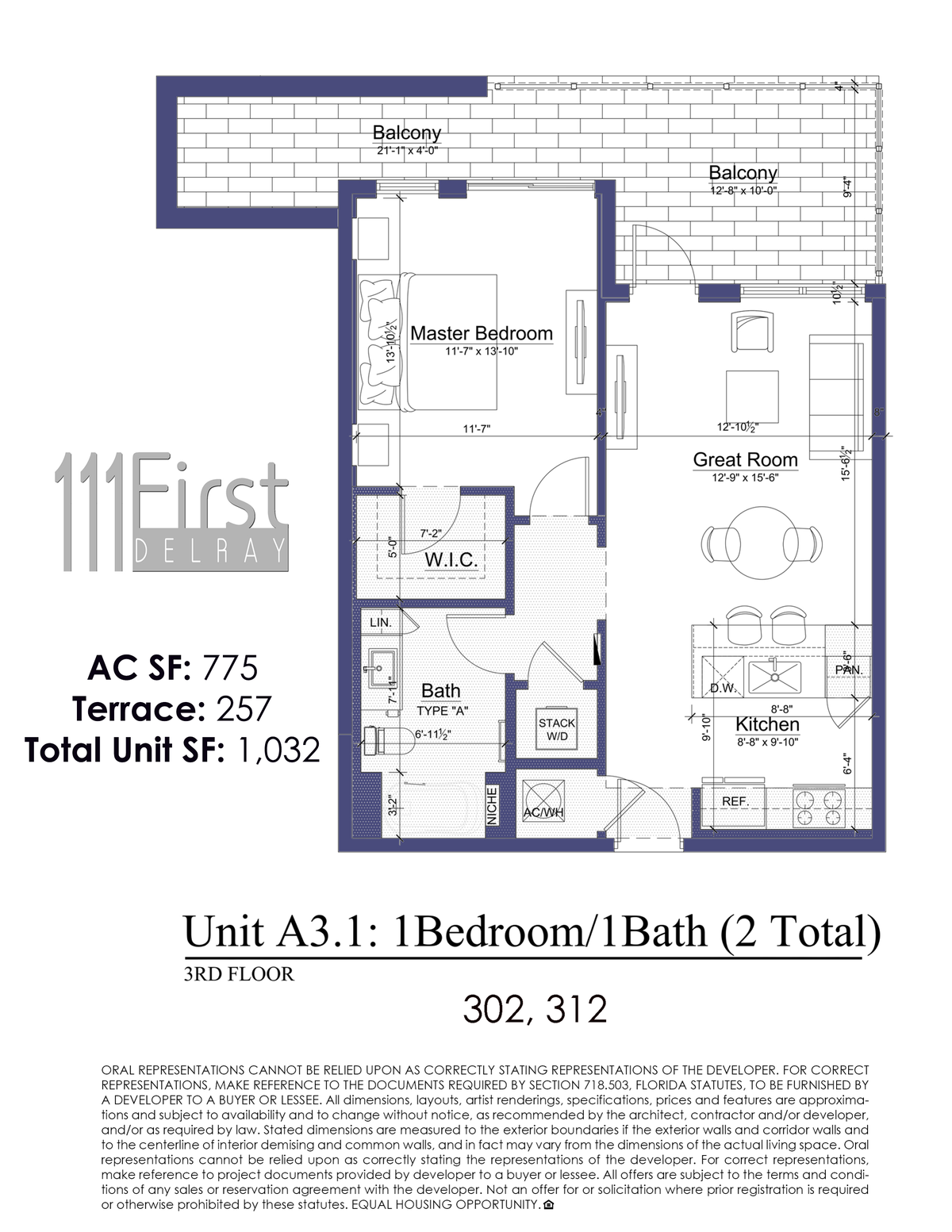 111 First Delray Unit A3.1 One Bedroom One Bath Floor Plan